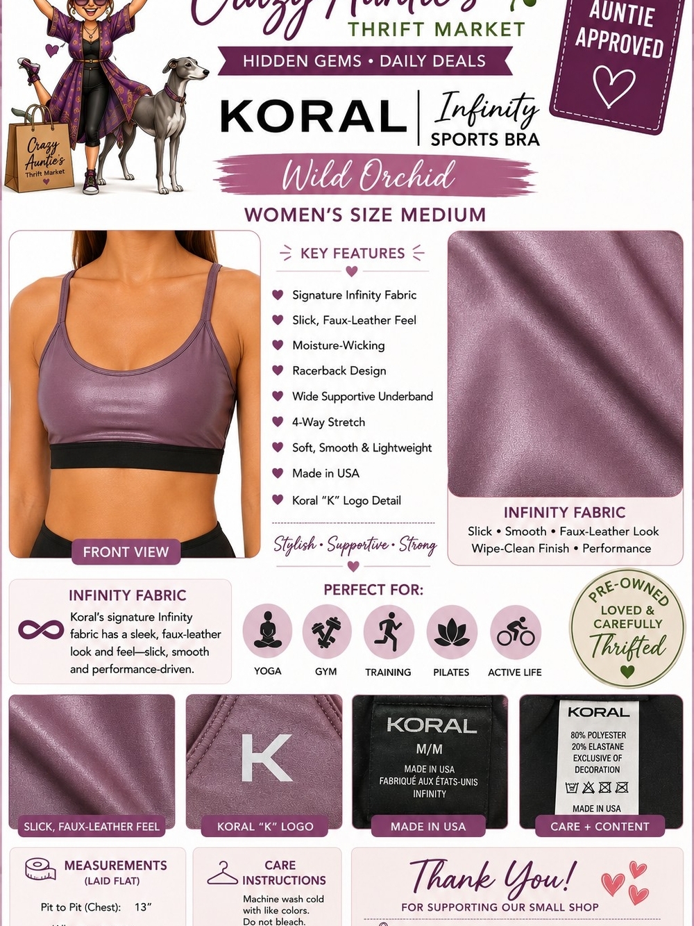 Koral Sports Bra Womens M Wild Orchid Infinity Fabric Racerback Activewear